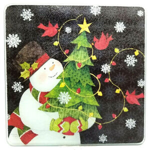 Christmas Snowman Susan Winget Trivet Tempered Glass 8" Square Trivet Festive!